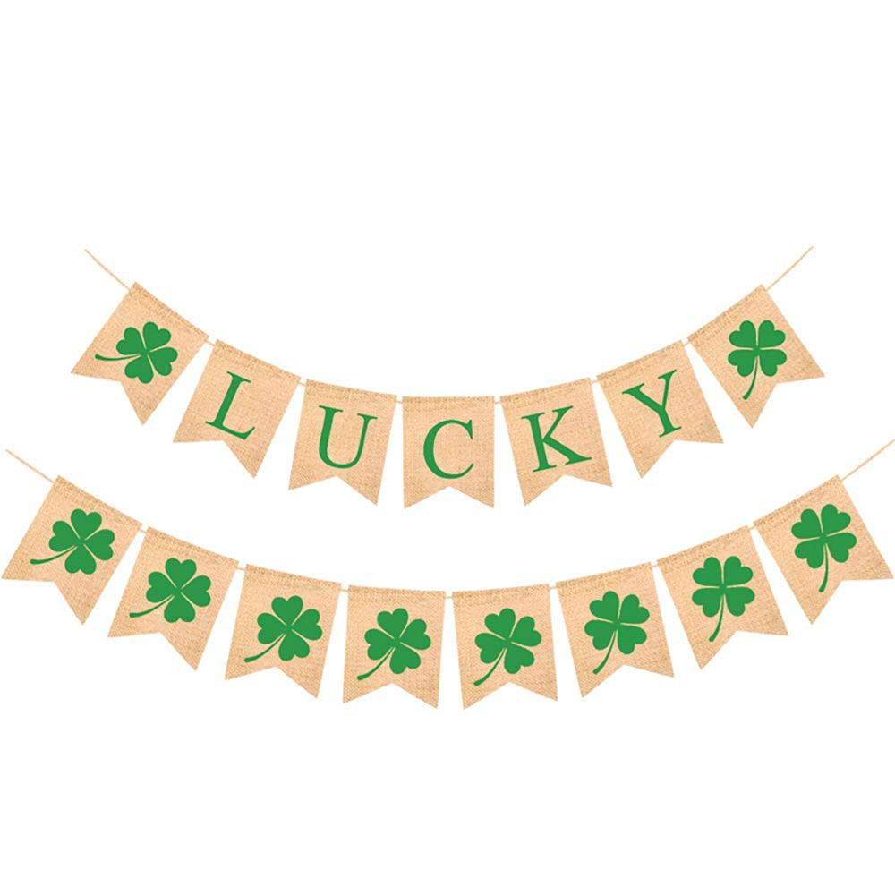 SWHATYW Burlap Lucky Banner Irish Four Leaf Bunting Garland St.particks Day Party Decoration Supplies