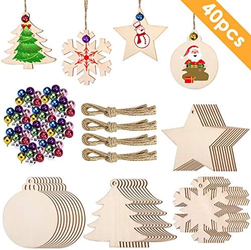 Unfinished Wooden Christmas Ornaments, Lufebuy Natural Wood Slices DIY 40Pcs 4 Styles Crafts Kit Colorful Bells Jute Twine for Kids Crafts Centerpieces Christmas Tree Hanging Decorations
