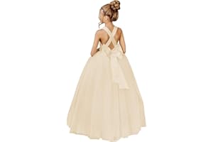 JISISANG Crossed Straps Flower Girl Dress Satin Long Prom Dress with Bow Puffy Tulle Pageant Dresses for Girls