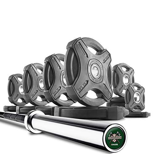 XMark Lumberjack 7' Olympic Bar, Chrome with Black Manganese Phosphate Shaft, 28 mm Grip and 255 lb. XMark Signature Olympic Plate Weight Set