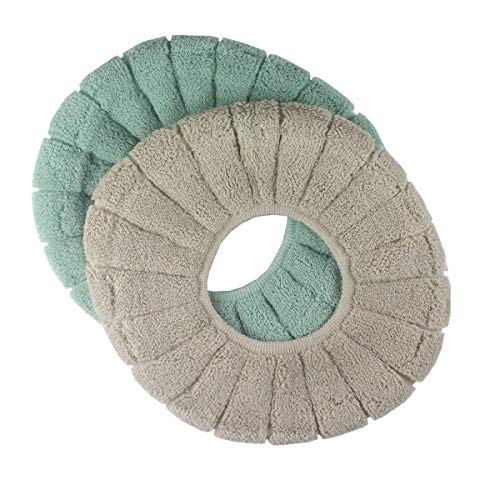 Cushioned Toilet Seat Cover Pads Bathroom Soft Fibers Thicker Warmer Stretchable Washable Lid Covers 2Pcs (Green+Khaki)