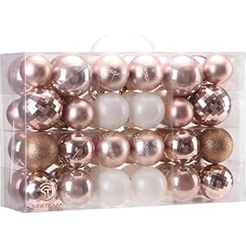 Sea Team 48 Pieces of Assorted Christmas Ball Ornaments Shatterproof Seasonal Decorative Hanging Baubles Set with Reusable Hand-held Gift Package for Holiday Xmas Tree Decorations, Rose Gold