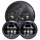 SUP-LIGHT Black 7 Inch Led Round Headlight and 4.5 Inch Matching Passing Lamps Fog Lights for Harley Motorcycles