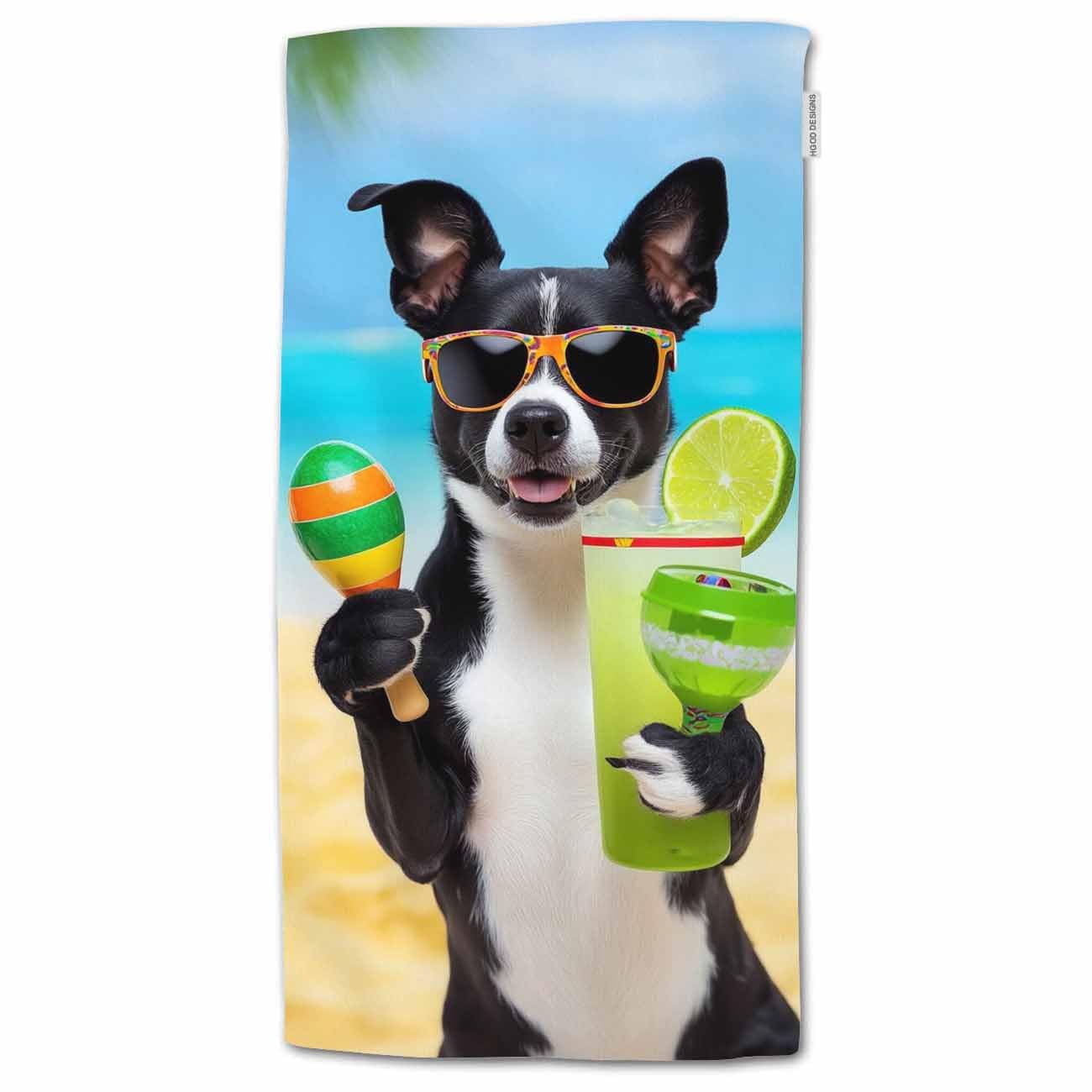 HGOD DESIGNS French Bulldog Cotton Beach Towels, funny sunglasses & drink styling - 15x30