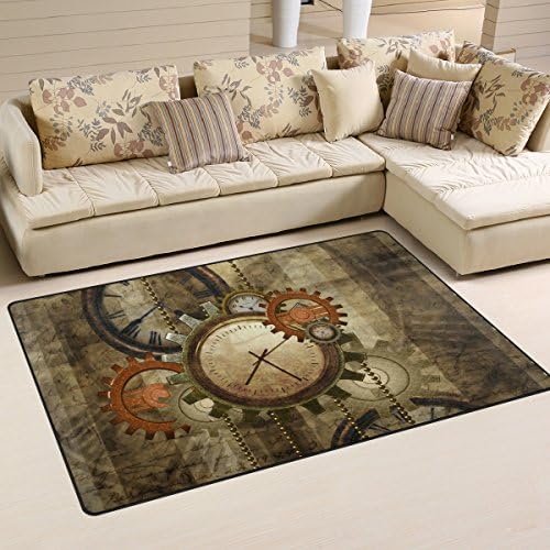 WellLee Area Rug,Retro Steampunk Clocks and Gears Floor Rug Non-Slip Doormat for Living Dining Dorm Room Bedroom Decor 31x20 Inch