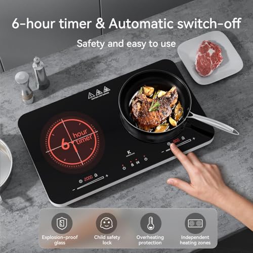COOKNANO Induction Hob, 3600W, Double Induction Hob with Independent Control, 20 Temperature Levels, 6 Hour Timer