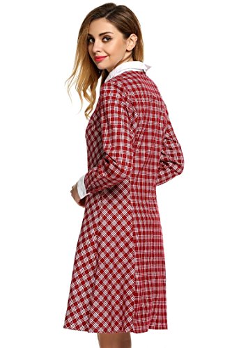 Women's Casual Doll Collar Plaid Long Sleeve Knee Length Swing Dress (XXXL, Red)