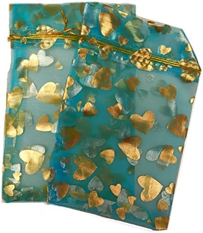 Teal Blue Solid Gold Heart Organza Bag 4"x6" (20 Count)
