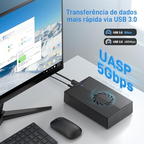 Gabinete para disco rígido externo, gabinete USB 3.0 para SATA para disco rígido SSD SATA de 3,5 ou 2,5 polegadas com ventilador, adaptador de alimentação de 12 V incluído