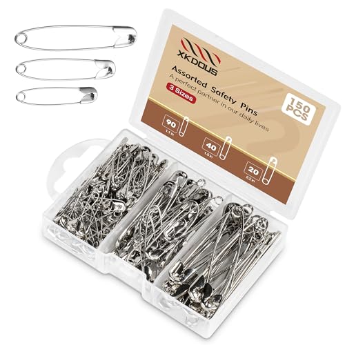 XKDOUS Safety Pins - 150 Pcs Assorted Sizes Silver Pins Bulk - Small & Large Heavy Duty for Clothes, Sewing, Craft