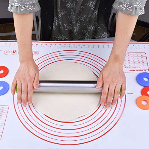 Rolling Pin with Thickness Rings, Adjustable Rolling Pin and Pastry Mat Set for Baking Dough, Pizza, Pie Crusts, Pastries, Pasta and Cookies