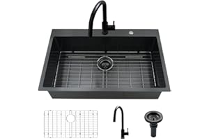 33 Black Kitchen Sink with Faucet Combo-VASOYO 33 x 22 Drop In Kitchen Sink Top Mount Black Stainless Steel Deep Single Bowl Over Mount Sinks with Faucet Combo Set