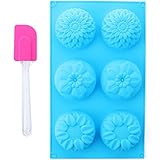 ScivoKaval 6 Cavity Silicone Flower Soap Mold Muffin Cupcake Baking Pan, Rose Sunflower Shapes, with Silicon Scraper Spatula (Random Color) as Bonus