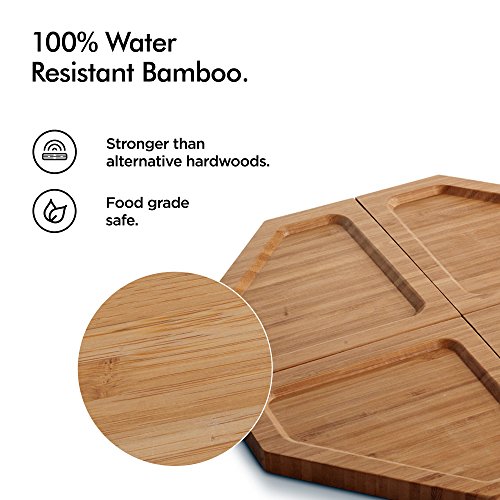 VonShef Jigsaw Platter Cheese Board with Display Stand, Natural Bamboo Wooden Charcuterie and Meat Serving Boards, 4 Connecting Coaster Plates Included, H6 X W6 X D0.5 Inches