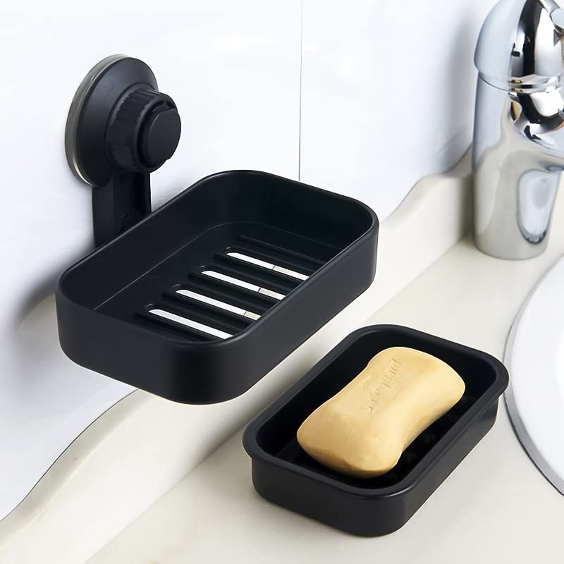 MR.HOKWY Suction Cup Soap Holder for Shower Wall, Bathroom, Tub and Kitchen Sink Powerful Vacuum Suction Plastic Soap Holder Drill-Free,Removable,Black,10*14*8.5CM