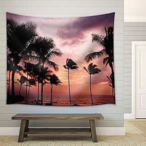Tropical Landscape with Palm Trees at Sunset - Fabric Wall Tapestry Home Decor - 51x60 inches