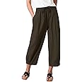 TBA Women's Casual Pants Summer Wide Leg Capris Drawstring Elastic High Waist Cotton Cropped Trousers with Pockets