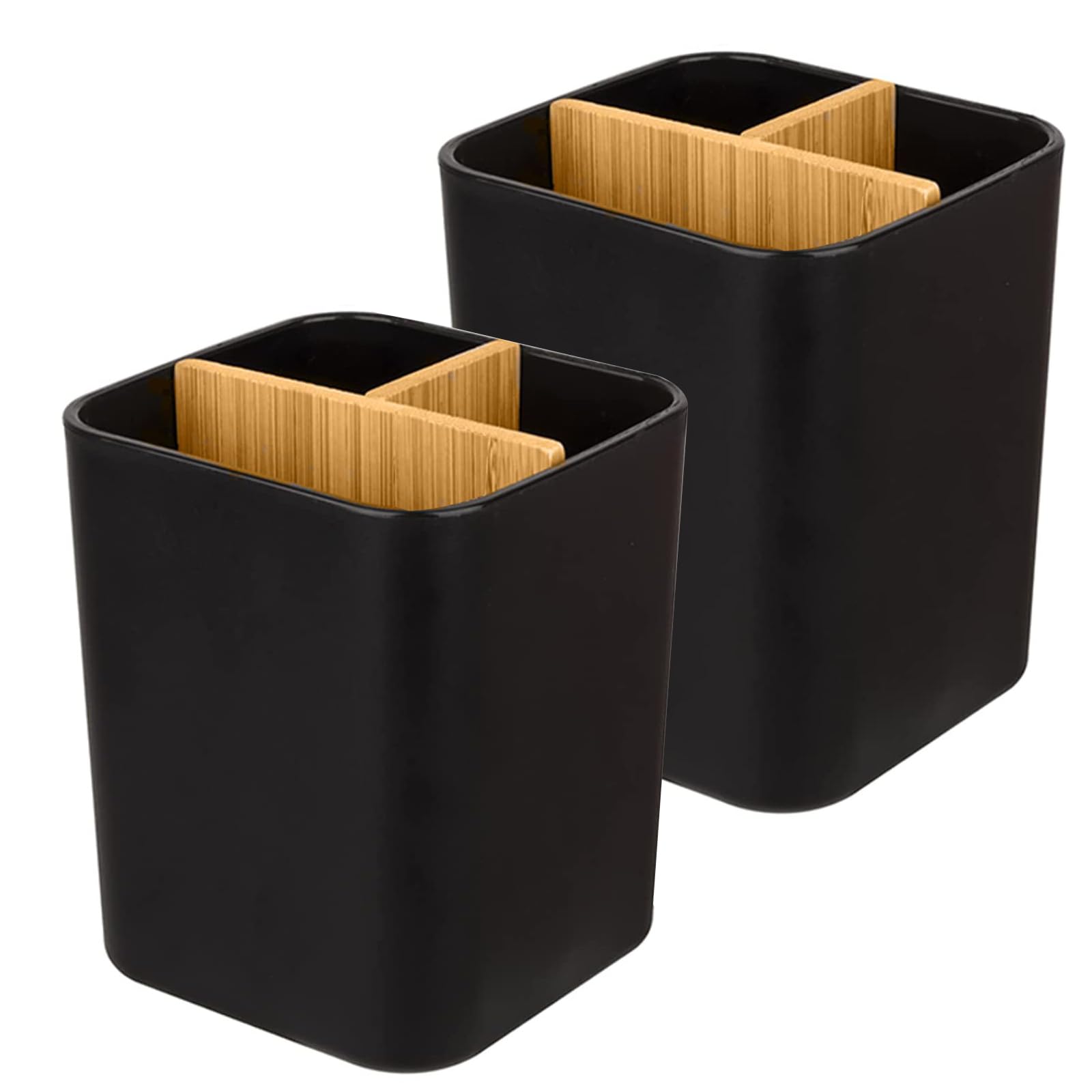 Photo 1 of Bamboo Toothbrush Holder for Bathrooms, 3 Slots Toothbrush and Toothpaste Holder Bathroom Counter Organizer for Electric Toothbrushes, Floss, Razors, 2 Pack, Black