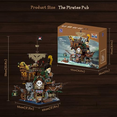 PAN TASY Pirate Tavern Building Set, Modular Wreck Architecture with Terrace Bar, Giant Rum Bottle - Adult Nautical Blocks Kit