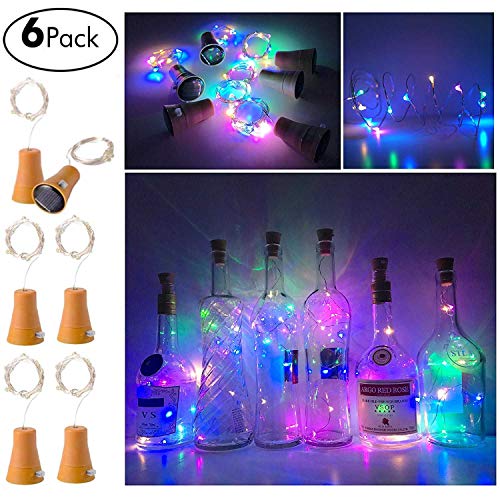 Keklle 6 Pack Solar Powered Wine Bottle Lights, 10 LED Waterproof Colorful Copper Cork Shaped Lights for Wedding Christmas, Outdoor, Holiday, Garden, Patio Pathway Decor