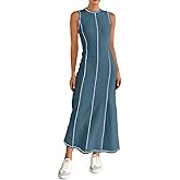 Wenrine Womens Tank Maxi Dress Sleeveless Crew Neck Knit Ribbed Summer Contrast Stitch Dresses