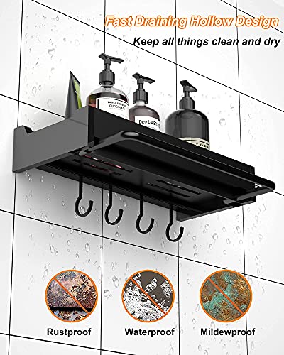 Bathroom Shower Shelf, No Drilling Aluminum Black Bathroom Shelves for Wall, Multifunctional Wall Mounted Adhesive Bathroom Shelf with Towel Rack & 4 Removable Hooks for Bathroom, Kitchen, Toilet
