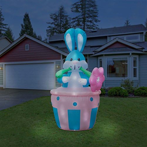 Holidayana Giant 8 Foot Inflatable Easter Bunny In Basket Airblown Lawn Decoration Featuring Lighted Interior with Built-in Fan and Anchor Ropes