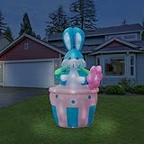 Holidayana Inflatable 8FT Giant Easter Bunny In Basket Inflatable Featuring Lighted Interior / Airblown Inflatable Easter Decoration With Built In Fan And Anchor Ropes