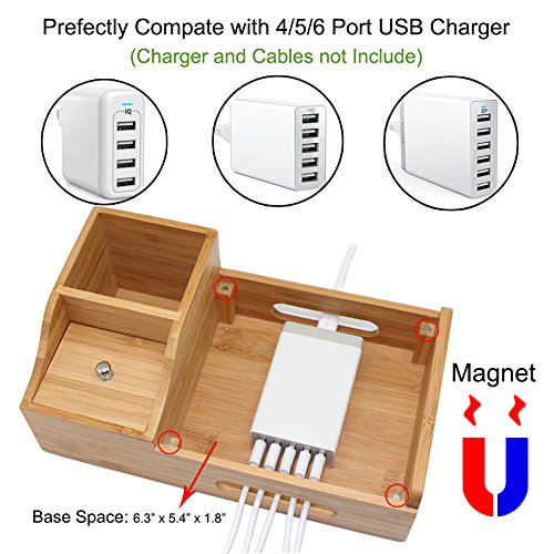 Bamboo Charging Station for Multiple Devices, Multi Use Wood Docking Station with Storage Box, Desktop Holder Organizer Compatible Devices, Phones, Tablets and Stationery (Hub, Cables Not Included) - Thumbnail 3