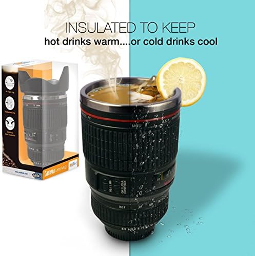 Thermos Mug, TwitFish Camera Lens Mug With Stainless Steel Thermos Lining and Sealable Biscuit Tray Cap (Black)