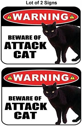 2 Count "Warning Beware of Attack Cat" 11 inch by 9.5 inch Laminated Funny Sign