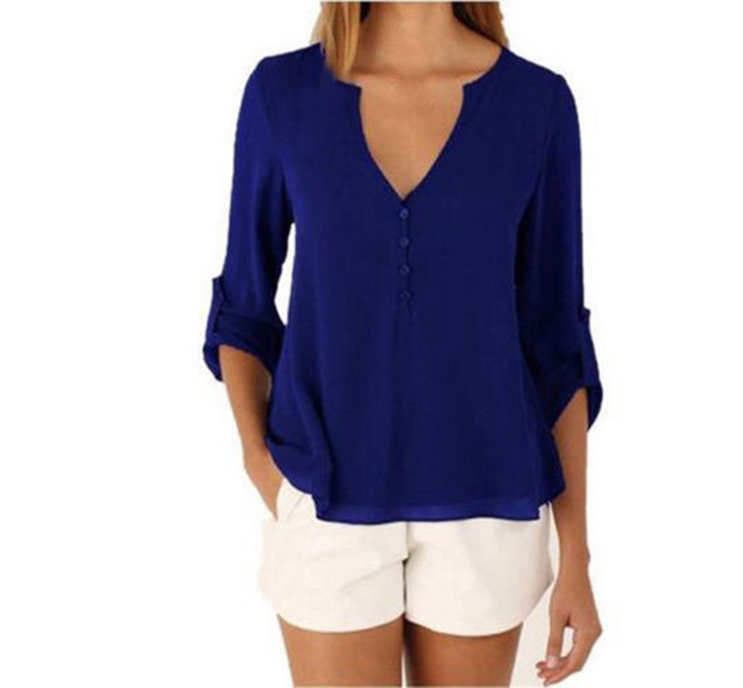 Pevor Women Casual Deep V-Neck Cuffed Sleeves Solid Chiffon Blouse Shirt Top, XL,Blue