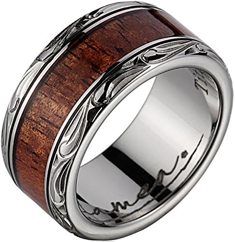 Titanium Wedding Band with Koa Wood Inlay &amp; Leaf Designed Edges 10mm