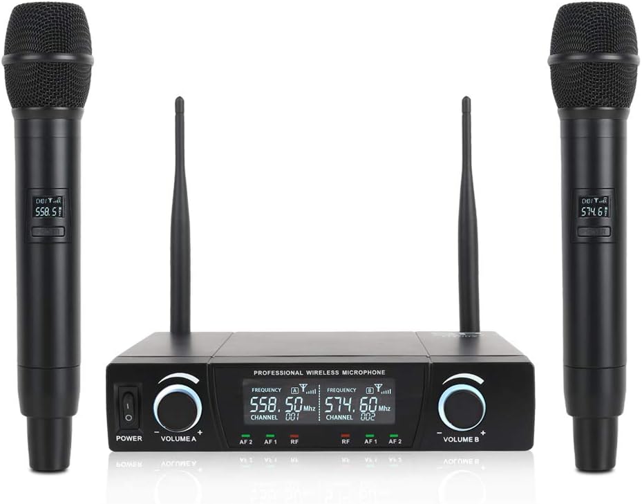 XTUGA U1002 Dual UHF Professional Wireless Microphone System 2 Channel 2 Handheld Karaoke Microphone kit for Wedding, Evening Party, Meeting, Stage