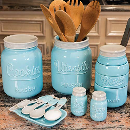 Mason Cookie Jar With Lid - Large Airtight Ceramic Kitchen Canister - Vintage Farmhouse Storage Jars with Lids - Rustic Decorative Air Tight Container For Cookies, Cracker, and Other Snacks (Blue)
