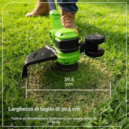 24V Tagliaseta Brushless Gen2 2-in-1 per giardini piccoli e medi, larghezza di taglio di 30 cm, include 10 lame di plastica senza batteria e caricabatterie, Verde ST3002