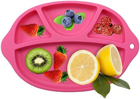 1 Pack Baby Silicone Placemat - Bowl ,Tray and Placemat ,4 Compartments plate for Kids, Babies, and Toddlers 10.8x7inches (Rose Red)