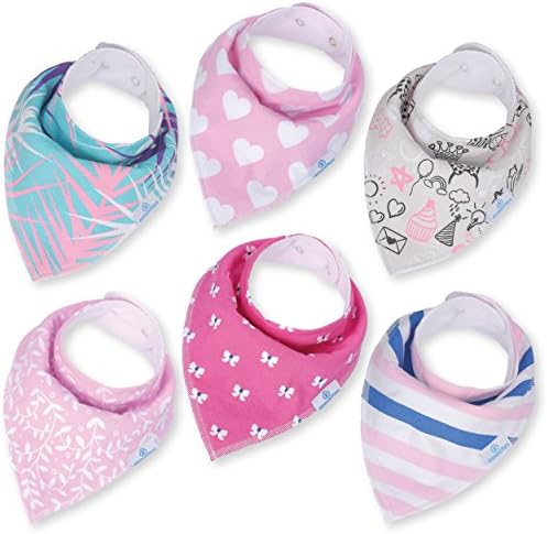 Baby Girl Bandana Drool Bibs - Set of 6 Cute Designs Extra-Soft Organic Cotton Bib for Delicate Skin, Perfect for Teething, Drooling, Breast Feeding, Burp & Spit-Up Messes, & Outfit Accessory