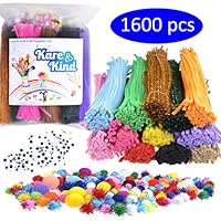 Kare & Kind Craft Supplies Set - 1600 pcs Art Materials - 1000 pcs Colored Pipe Cleaners; 200 pcs Glitter Pipe Cleaners; 200 pcs Colored Pom Poms; 50 pcs Glitter Pom Poms; 150 pcs Wiggle Googly Eyes