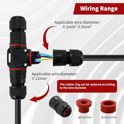 4 Pieces Electrical Connectors for Outdoor Cables IP68, Waterproof Junction Box, 3 Poles, Connector Pond Sleeve Diameter 5-12 mm, Suitable for Gardens, Outdoors, Floors, Roofs