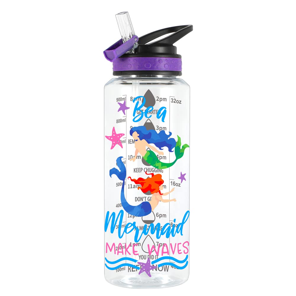 Home Tune 32oz Water Drinking Bottle - Tritan BPA Free, Wide Mouth, Straw Flip Lid, Time Marker, Easy Open, Lightweight, Leak-Proof Water Bottle with Foil Print Design For Girls & Boys - Mermaid