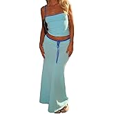 Wuitrie Maxi Skirt Set Women 2 Piece Outfits Sleeveless Spaghetti Strap Top Drawstring Maxi Skirt Two Piece Skirt Set