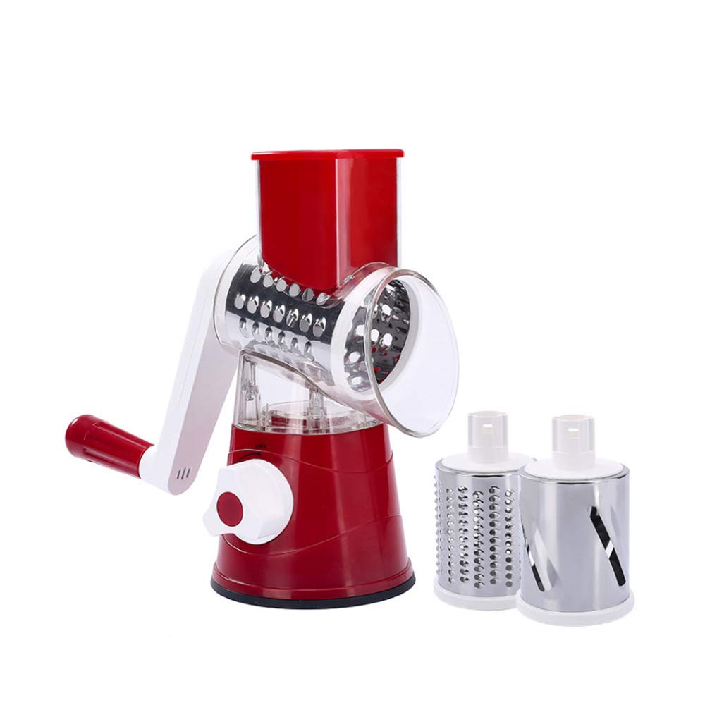 Hosoncovy Suction Rotary Cheese Grater Drum Grater Vegetable Slicer with 3 Detachable Drum Blades Effiently Cheese Grinder for Vegetables, Nuts, etc (Red)