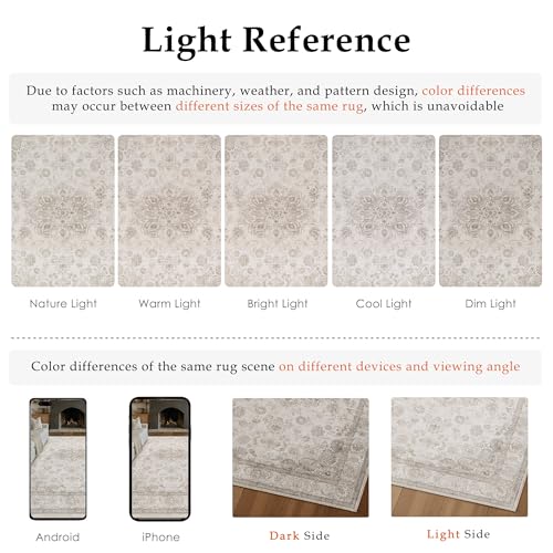 PureCozy Washable Area Rug 8x10 Beige Vintage Living Room Bedroom Carpet Non Slip Soft Low Pile Distressed Medallion Indoor Floor Retro Throw Large Rug for Dining Room Office