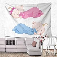 SONGDAYONE Commemorative Tapestry Baby Two Charming Little Twin Siblings Brother and Sister Sleeping in Pajamas Toddler Easy to Carry Pink Blue Tan W84 x L54