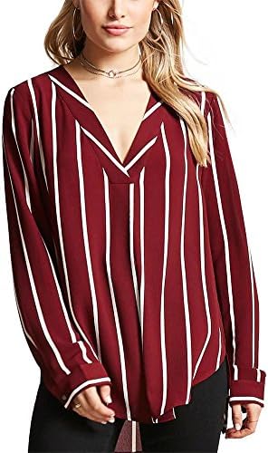 HUANYOU Women Blouse Long Sleeve Striped Shirts V Neck Blouses Ladies Tops