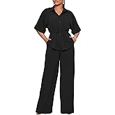 Two Piece Sets for Women Dressy Short Sleeve Button Down Shirt Top Flared Pants Sets Business Pantsuits