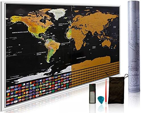 Harman Products Luxury Scratch Off World Map, Includes Scratcher Pen, Guitar Pick, Card Magnifier and Accessory Pouch. Perfect Gift For People Travelling. Includes Unique Design With USA & 252 Flags.