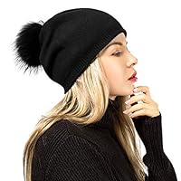 Flowomen Women Slouchy Beanie Hat with Pompom Winter Warm Fur Soft Knit Cap (Black)