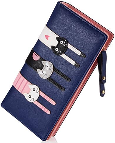 Women's Wallet Cute Cat Wallet Coin Purse Bifold Long Purse with Zipper - Black -